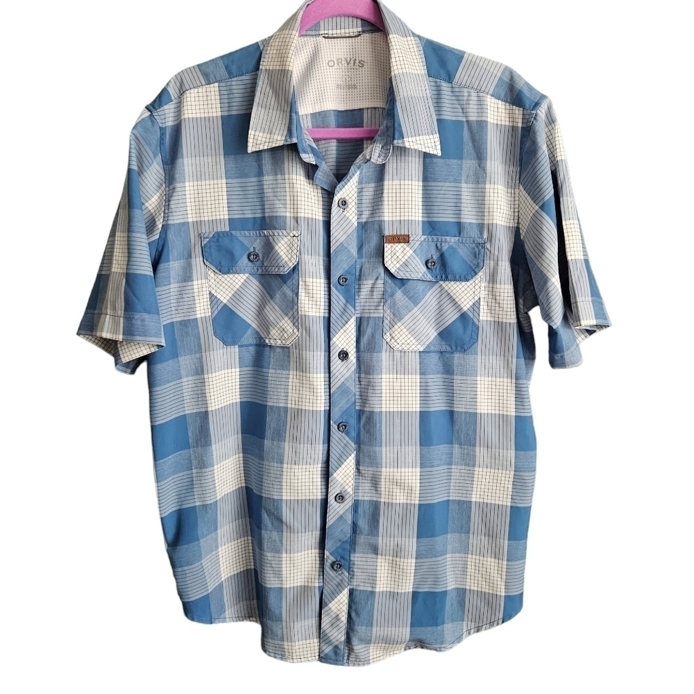 ORVIS Mens Plaid Blue White Button Down Sz Large